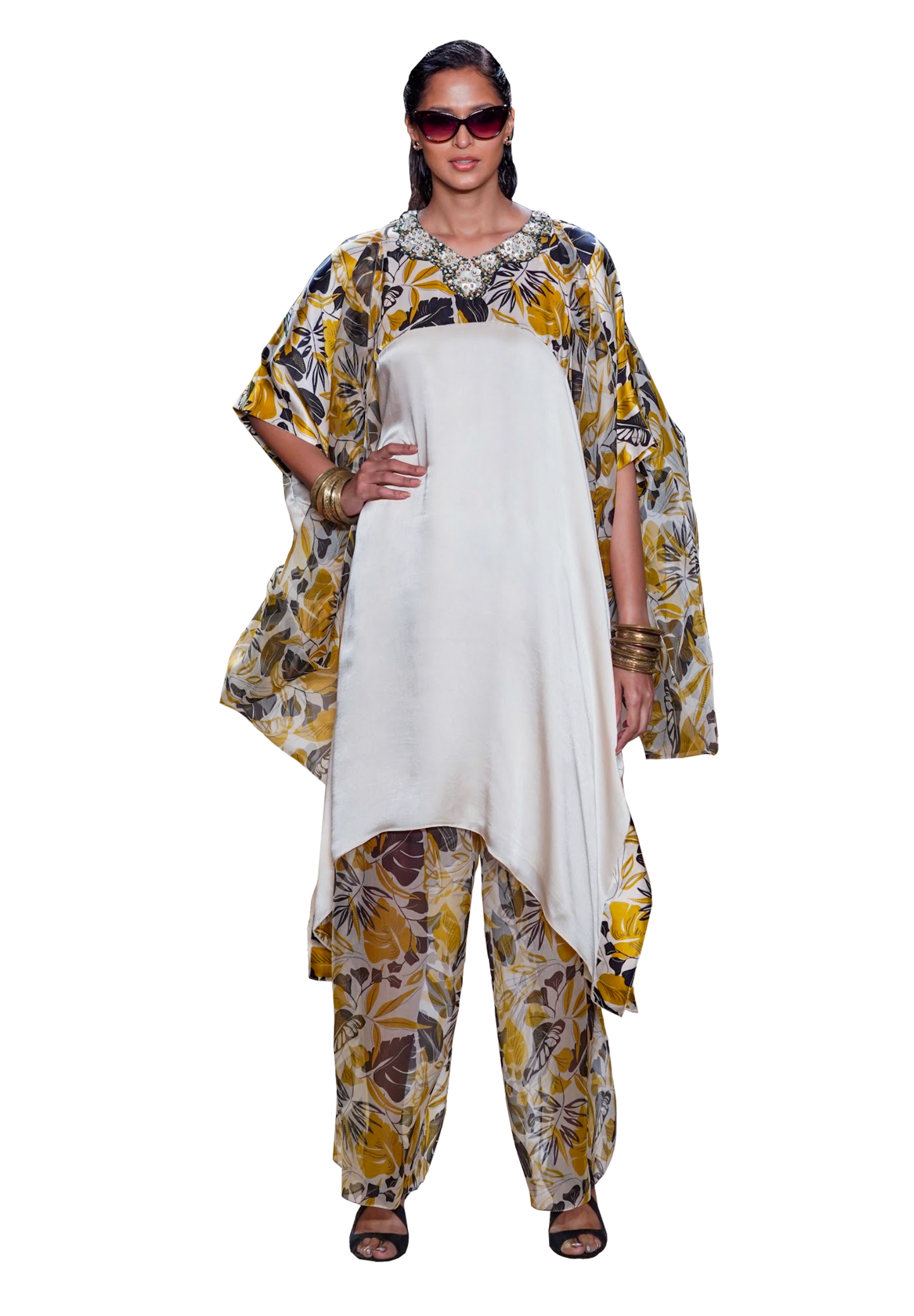 Cream and Yellow Appliqué kaftan and pants