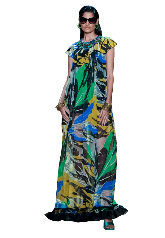 Multi - coloured print Satin long dress