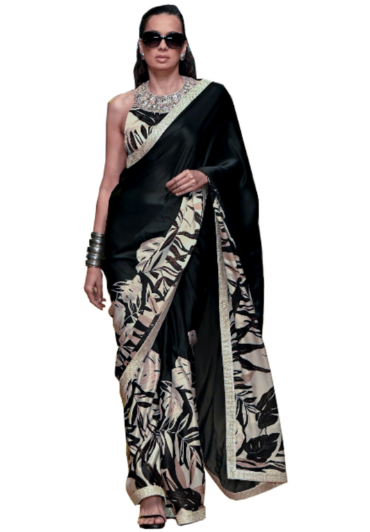 Cream, Black with black Printed saree - Ashima Leena