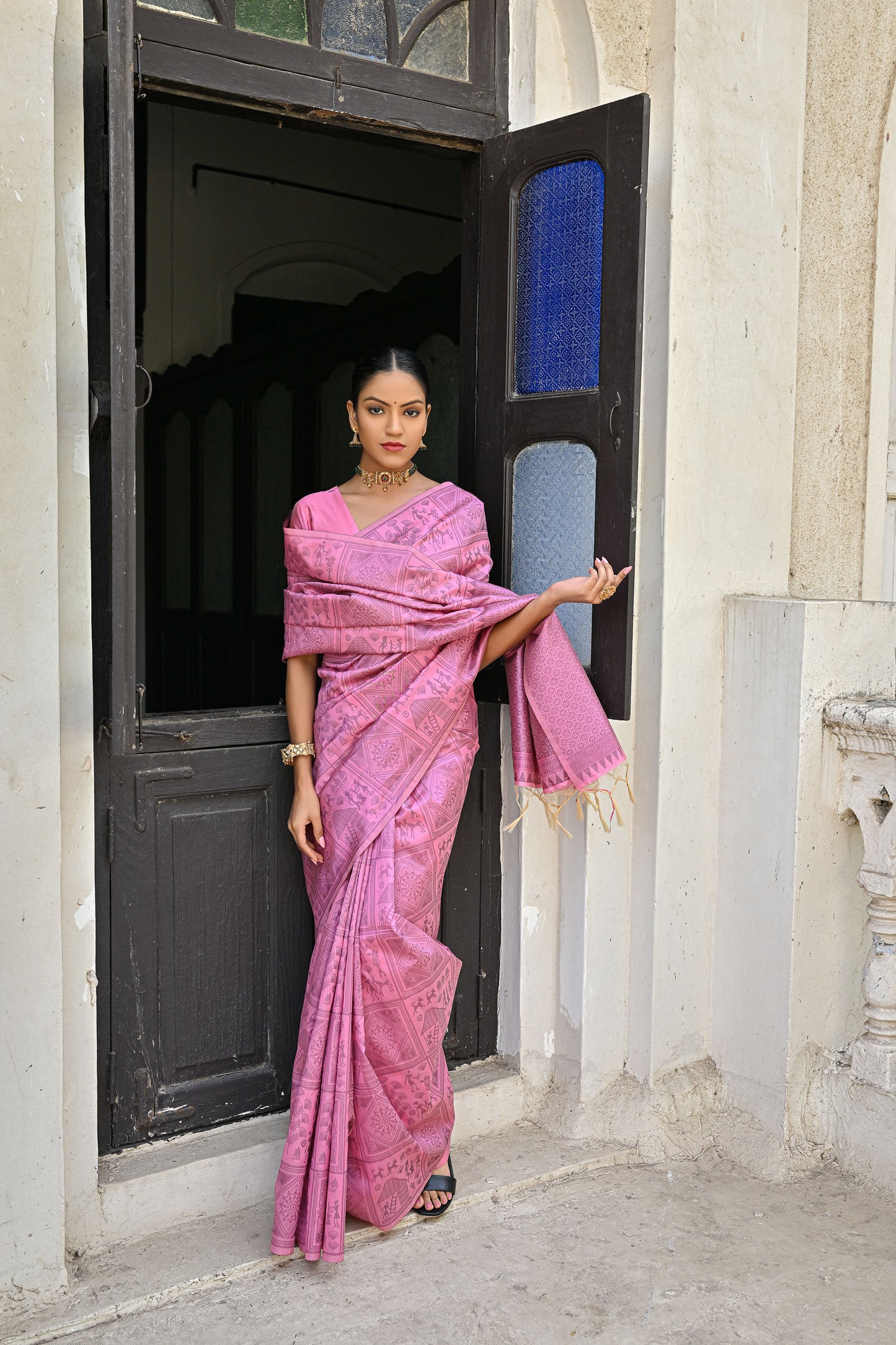 Alika Kalamkari Baby Pink Handloom Raw Silk Kalamkari woven saree