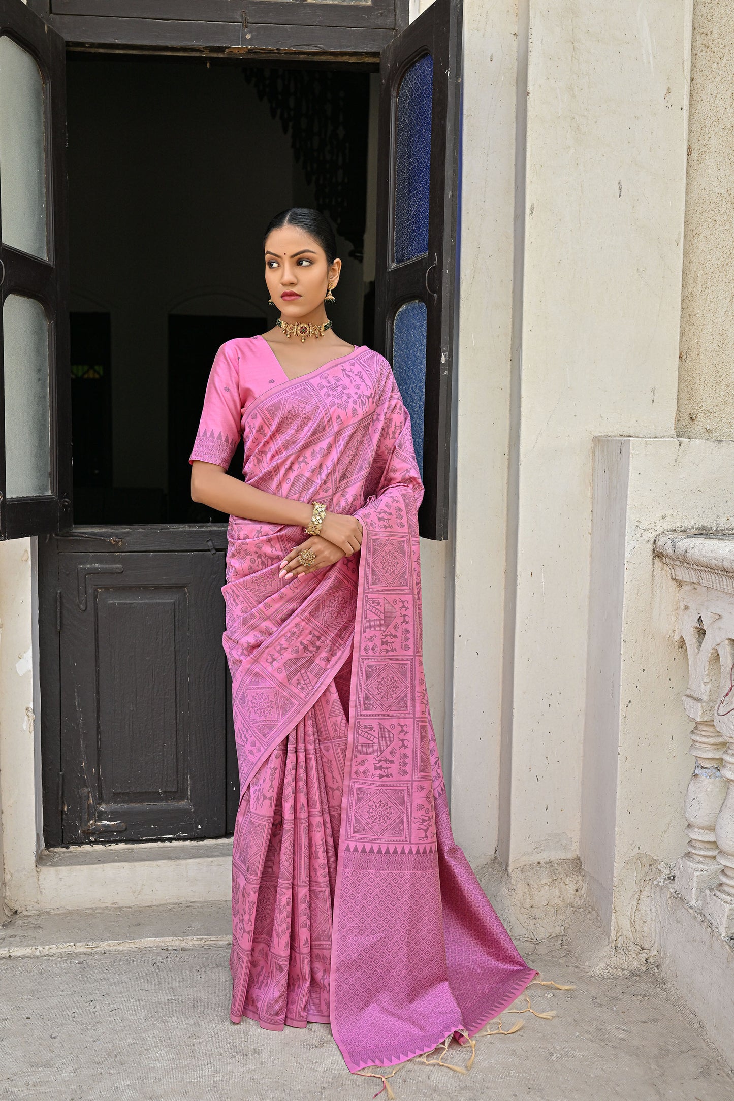 Alika Kalamkari Baby Pink Handloom Raw Silk Kalamkari woven saree