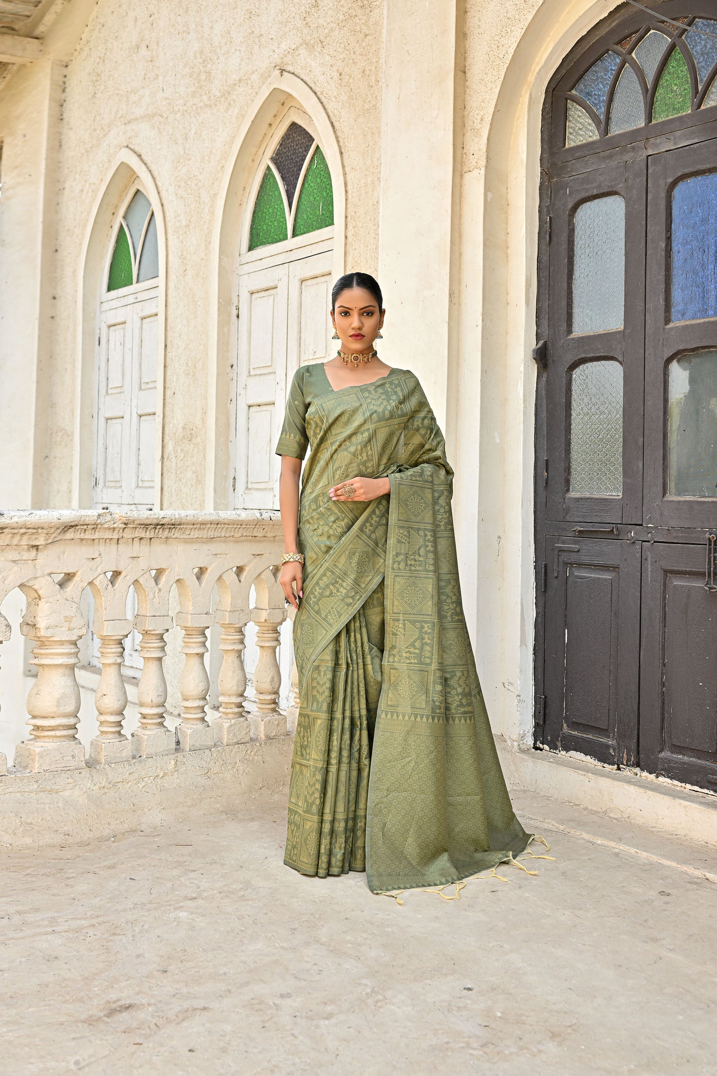 Alika kalamkari Mahendi Handloom Raw Silk Kalamkari woven Saree