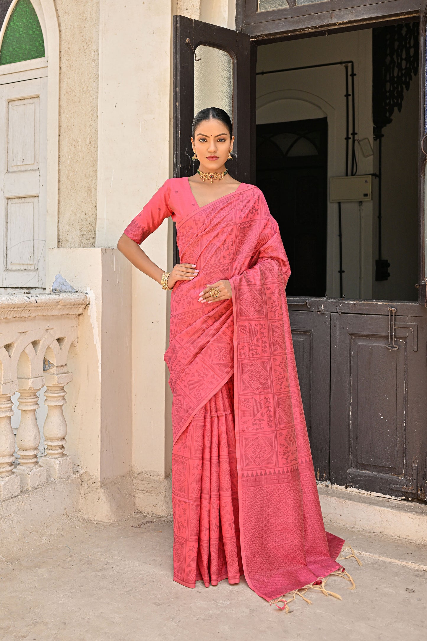 Alika kalamkari Red Handloom Raw Silk Kalamkari woven Saree