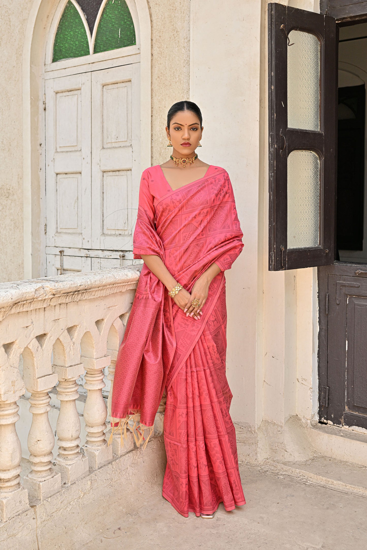 Alika kalamkari Red Handloom Raw Silk Kalamkari woven Saree