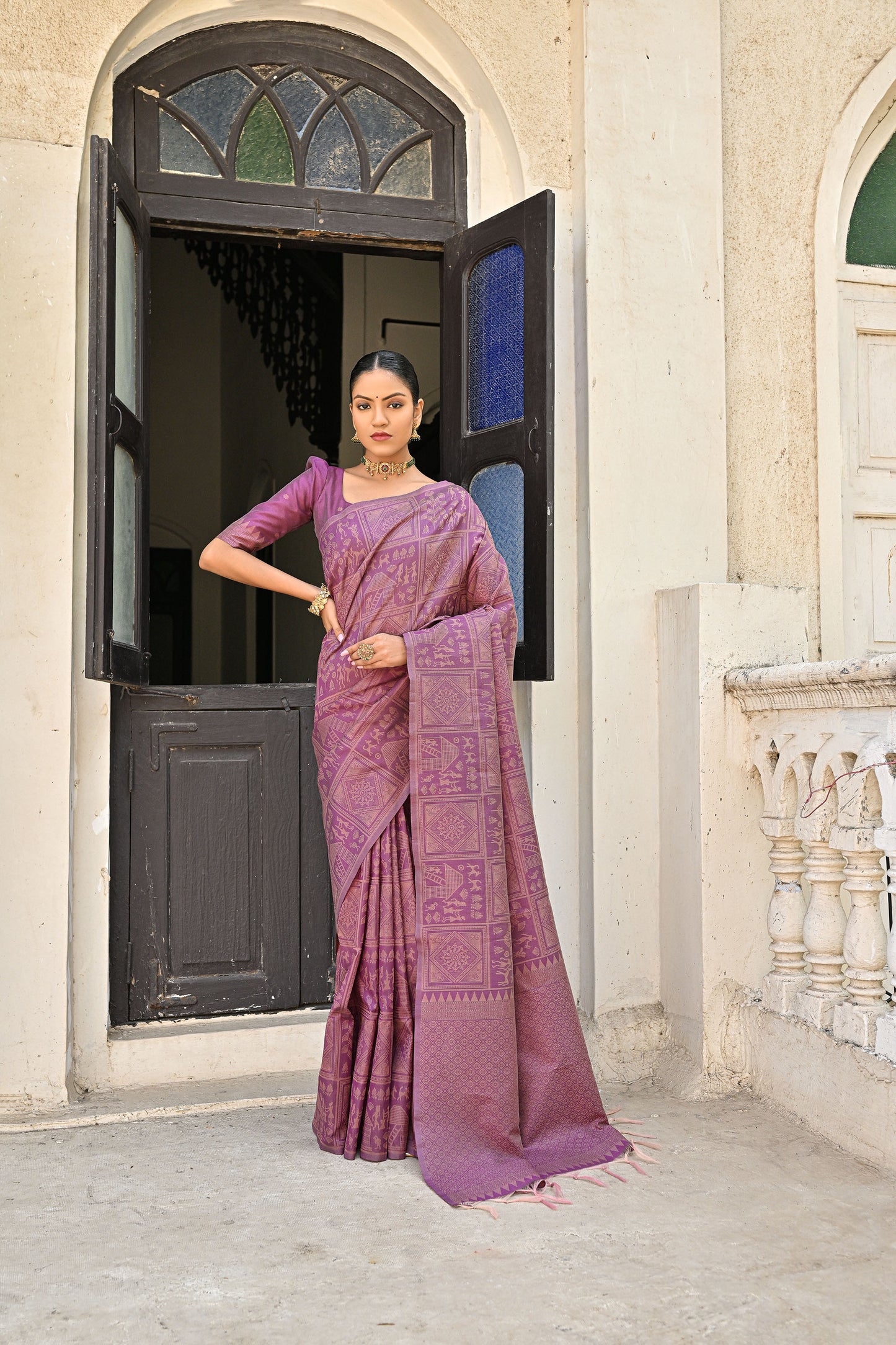 Alika kalamkari Wine Handloom Raw Silk Kalamkari woven Saree