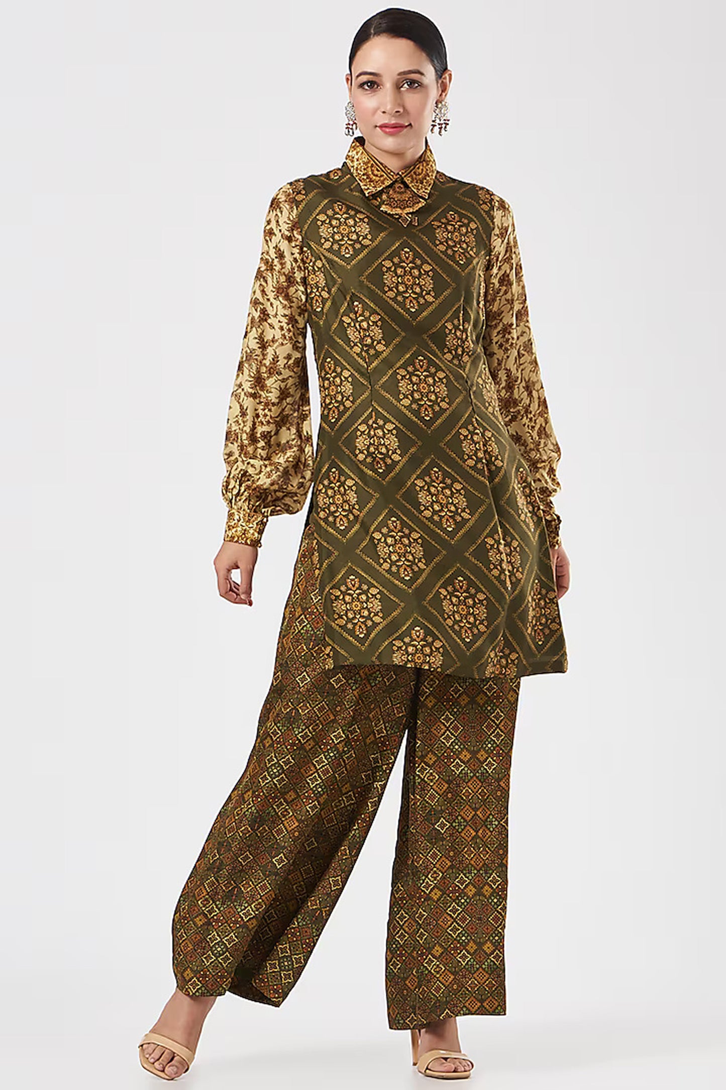 Olive Green Silk Printed Limited Edition Designer Tunic Set