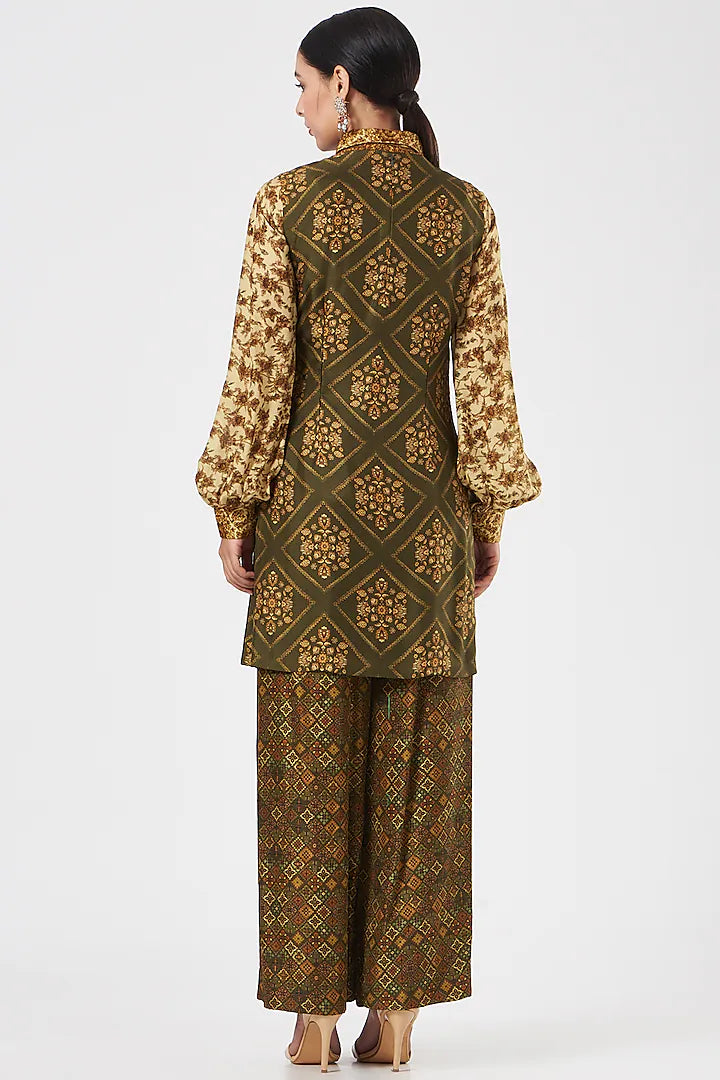 Olive Green Silk Printed Limited Edition Designer Tunic Set