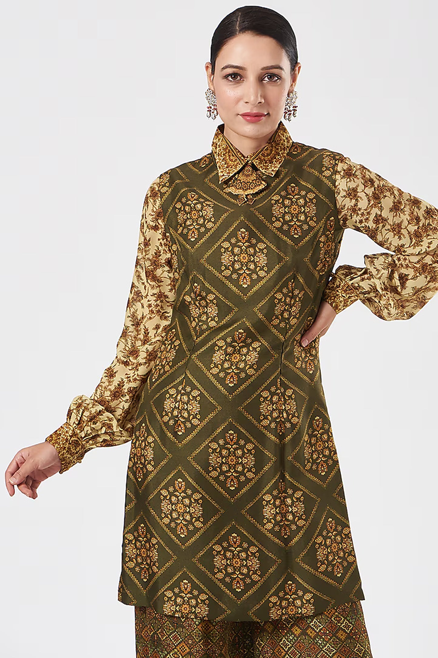 Olive Green Silk Printed Limited Edition Designer Tunic Set