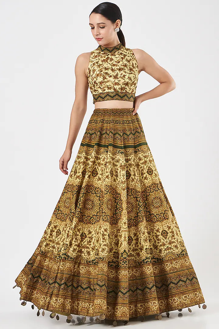 Multi Coloured Pure Silk Printed Limited Edition Designer Skirt Set