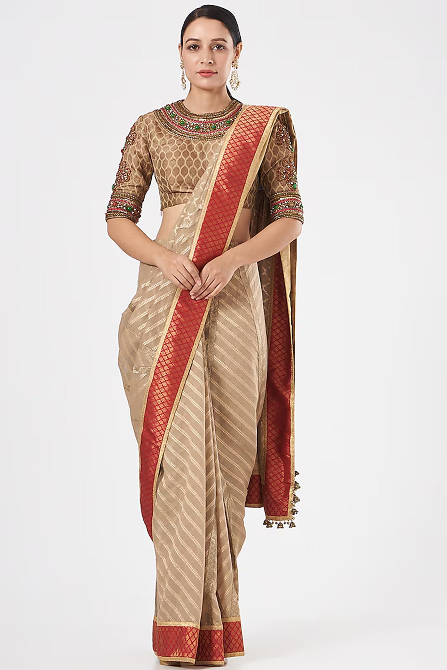 Beige Pure Silk Hand Embroidered Limited Edition Designer Saree Set