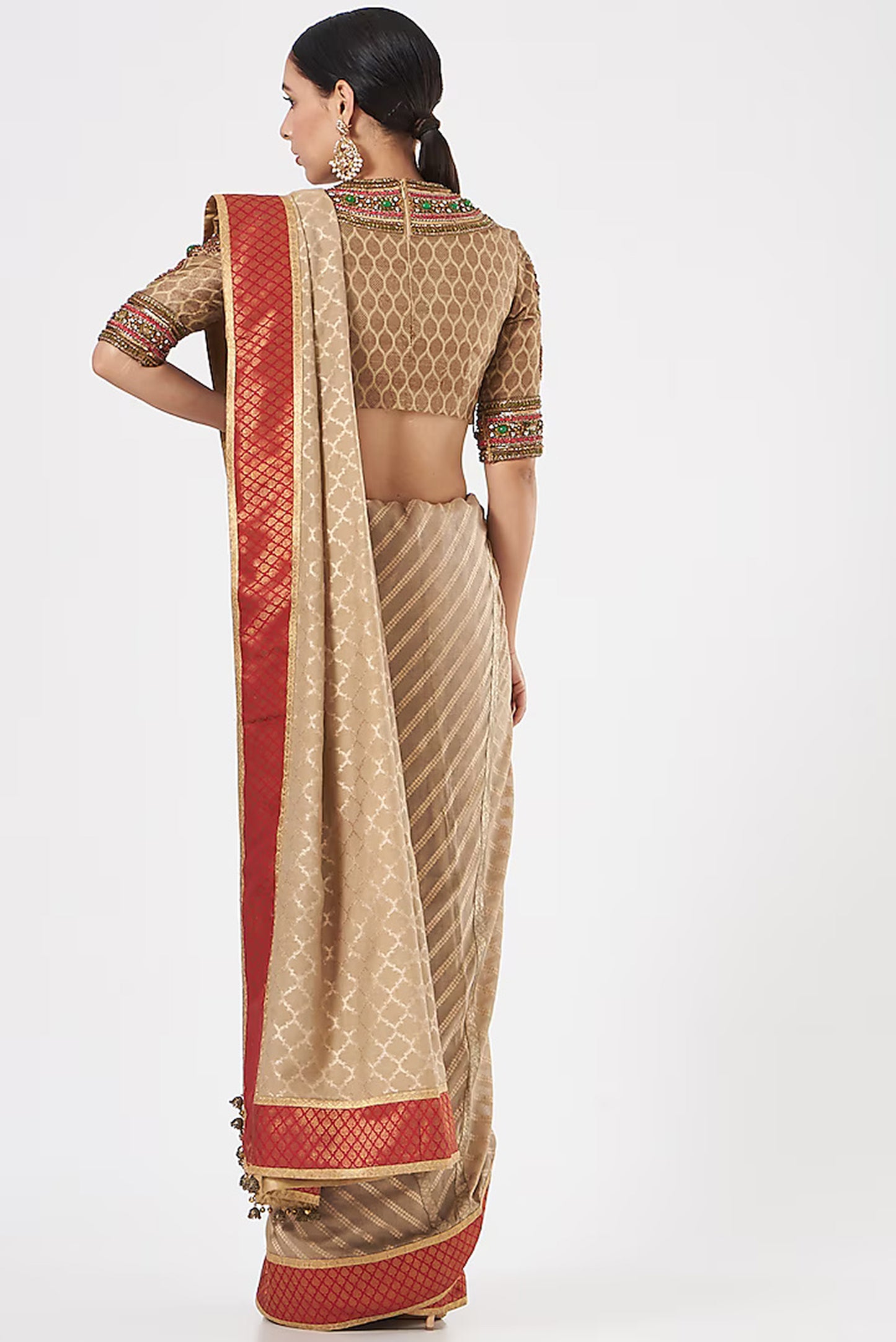 Beige Pure Silk Hand Embroidered Limited Edition Designer Saree Set