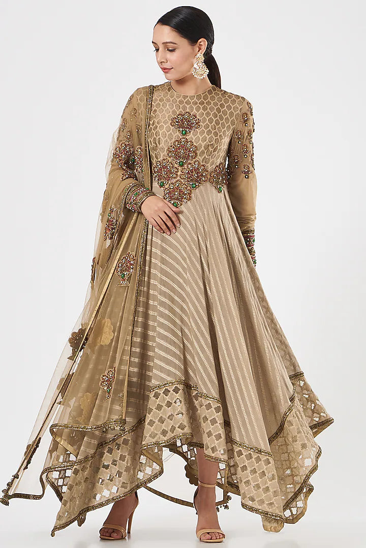 Beige Pure Chanderi Silk Hand Embroidery Limited Edition Designer Anarkali Set