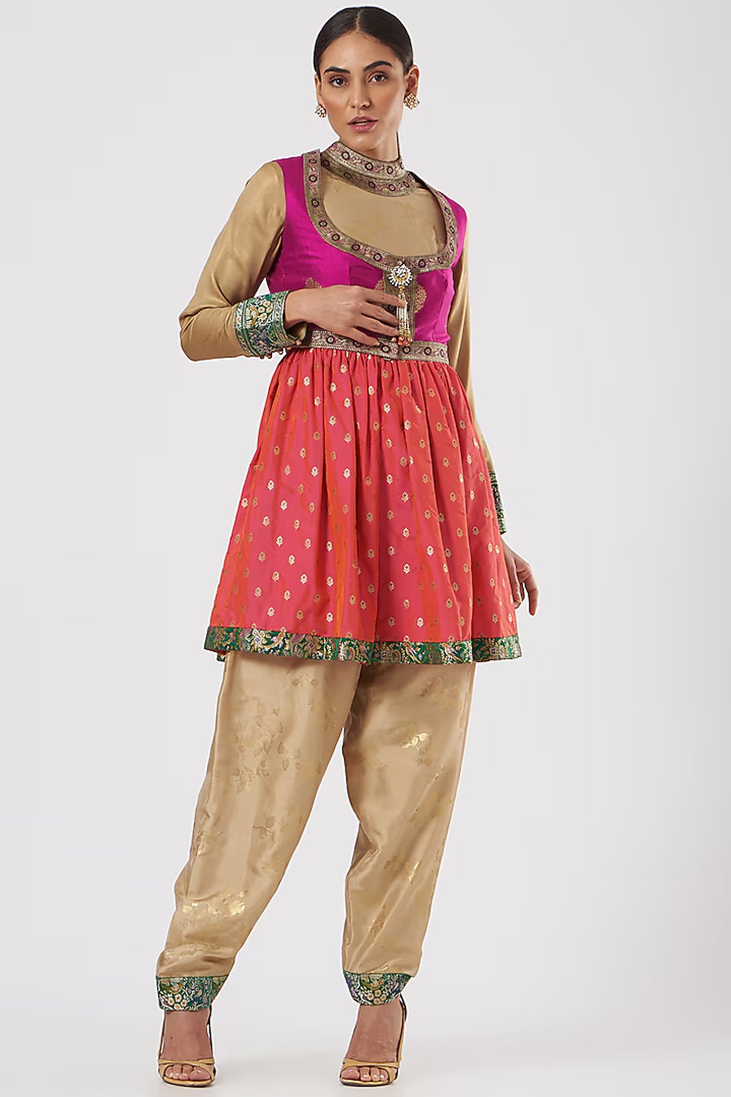 Beige and Fuschia pink Pure Banarasi silk Limited Edition Designer Anarkali Set