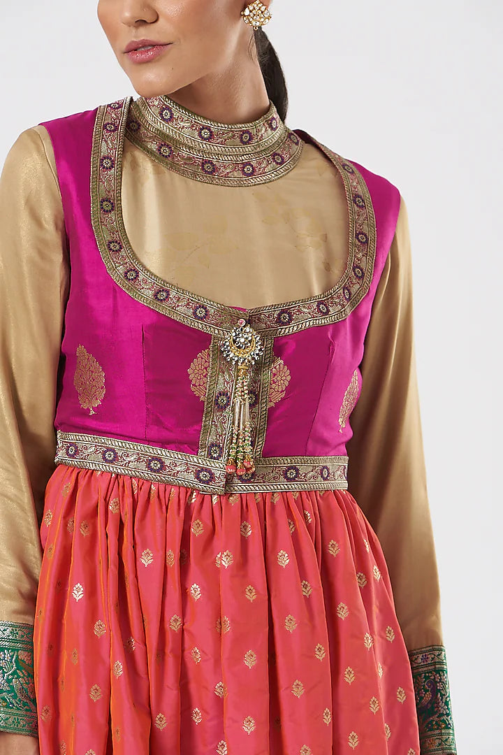 Beige and Fuschia pink Pure Banarasi silk Limited Edition Designer Anarkali Set