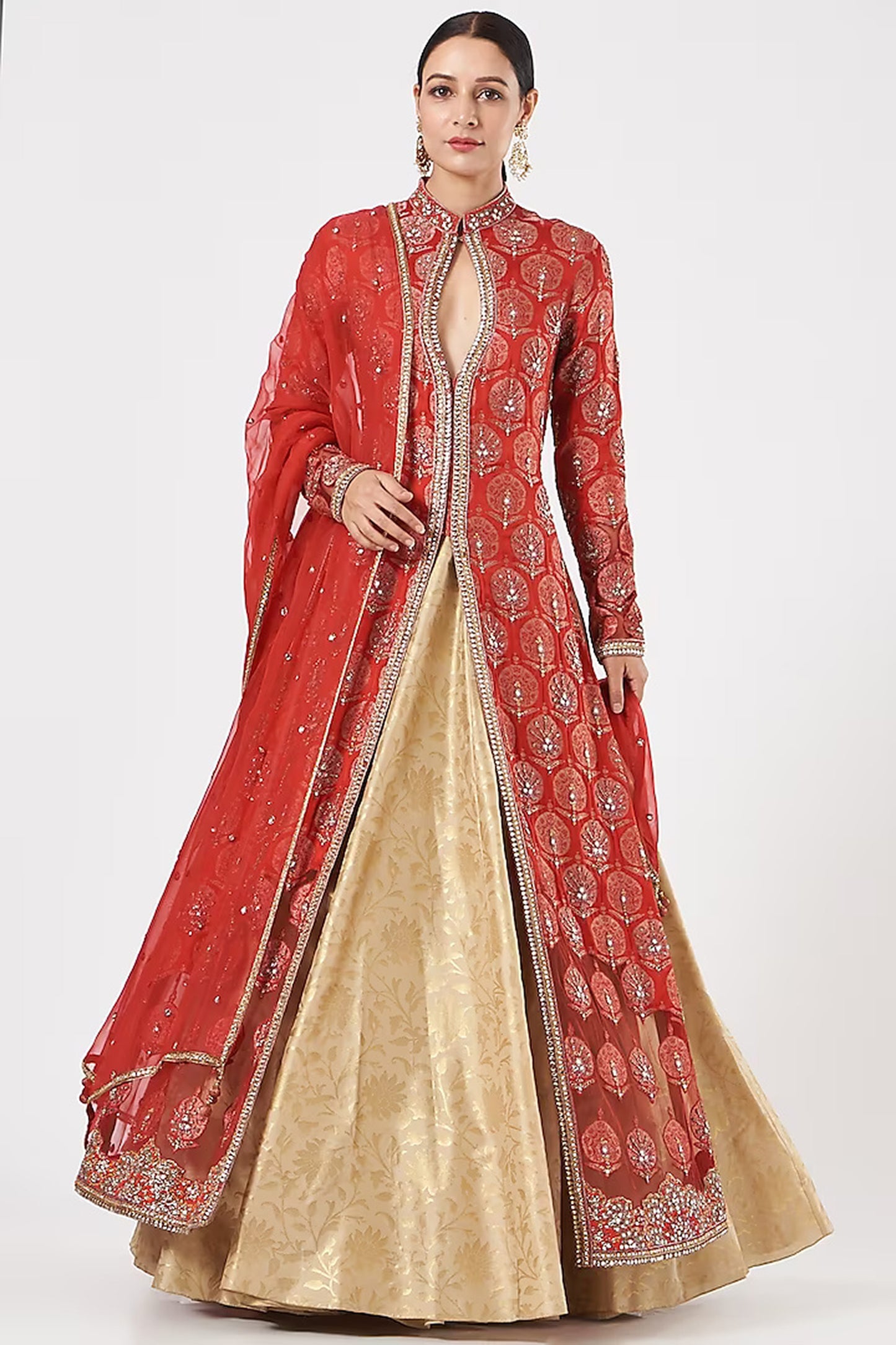 Red and Beige Brocade Hand Embroidered Limited Edition Designer Jacket Lehenga