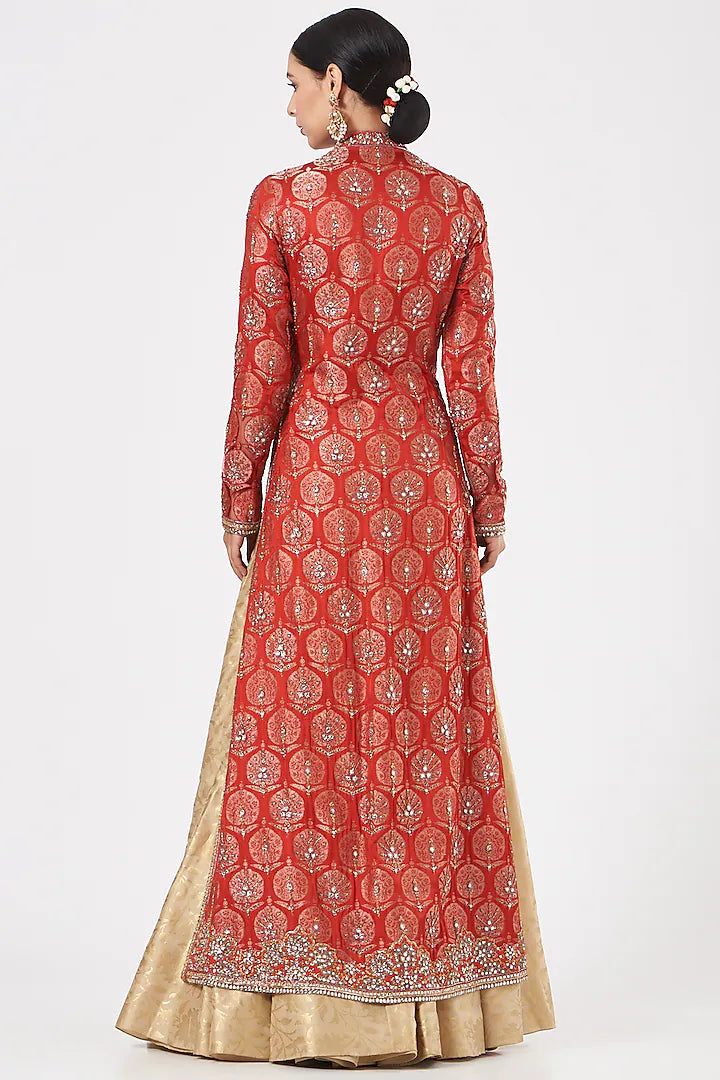 Red and Beige Brocade Hand Embroidered Limited Edition Designer Jacket Lehenga