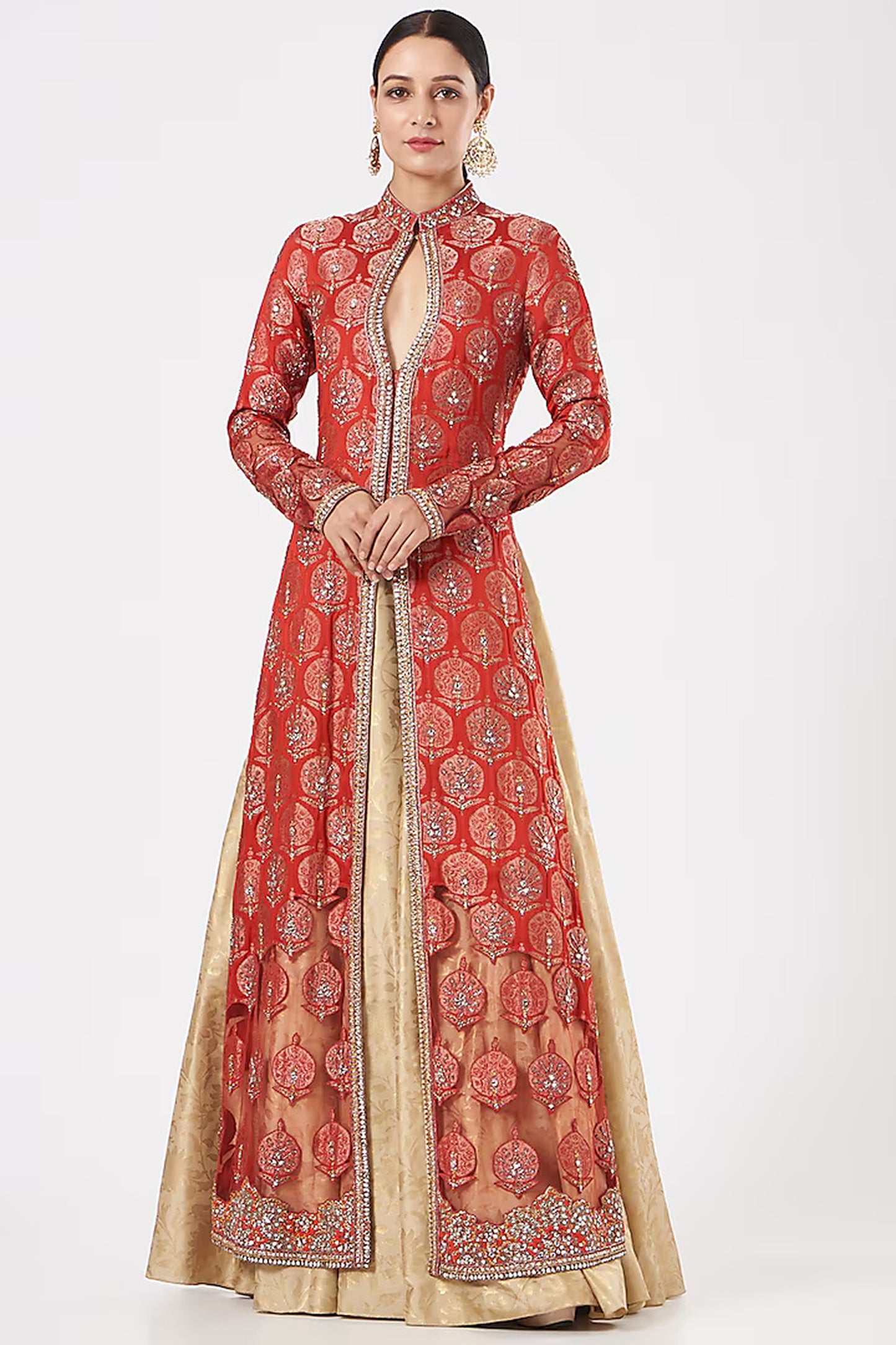 Red and Beige Brocade Hand Embroidered Limited Edition Designer Jacket Lehenga