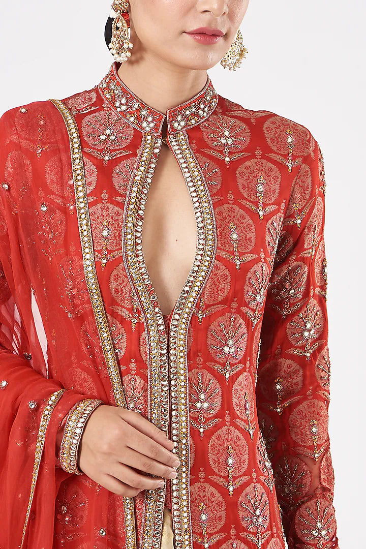 Red and Beige Brocade Hand Embroidered Limited Edition Designer Jacket Lehenga