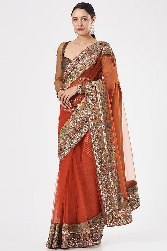 Orange French Net Hand Embroidered Limited Edition Designer Saree Set