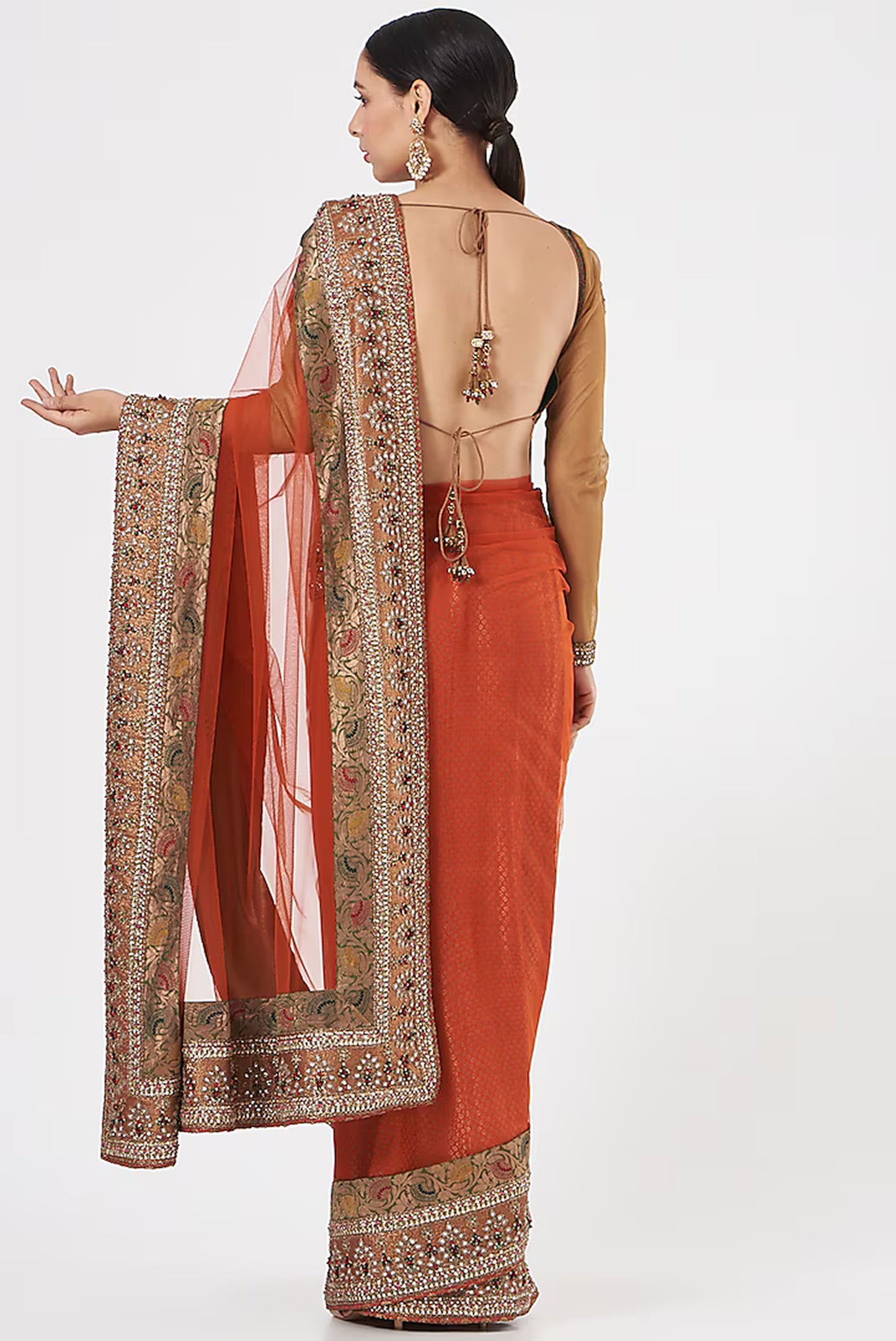 Orange French Net Hand Embroidered Limited Edition Designer Saree Set