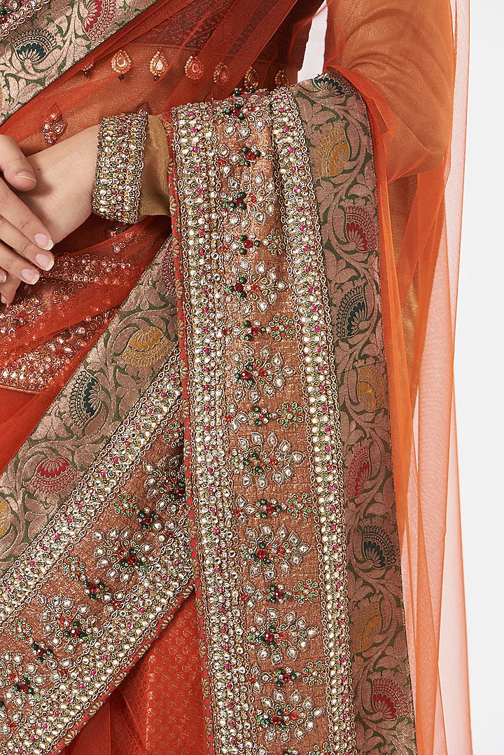 Orange French Net Hand Embroidered Limited Edition Designer Saree Set