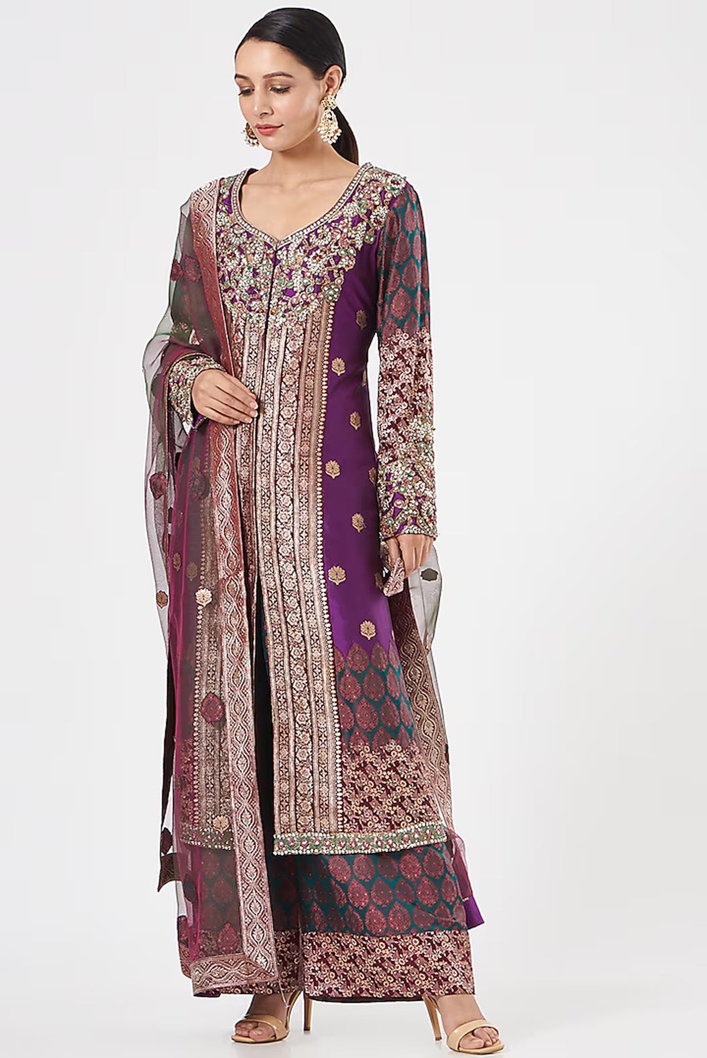 Purple Tanchoi Silk Hand Embroidered Limited Edition Designer Kurta Set