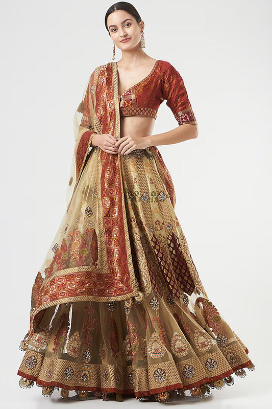 Gold French Net Hand Embroidered Limited Edition Designer Lehenga Set