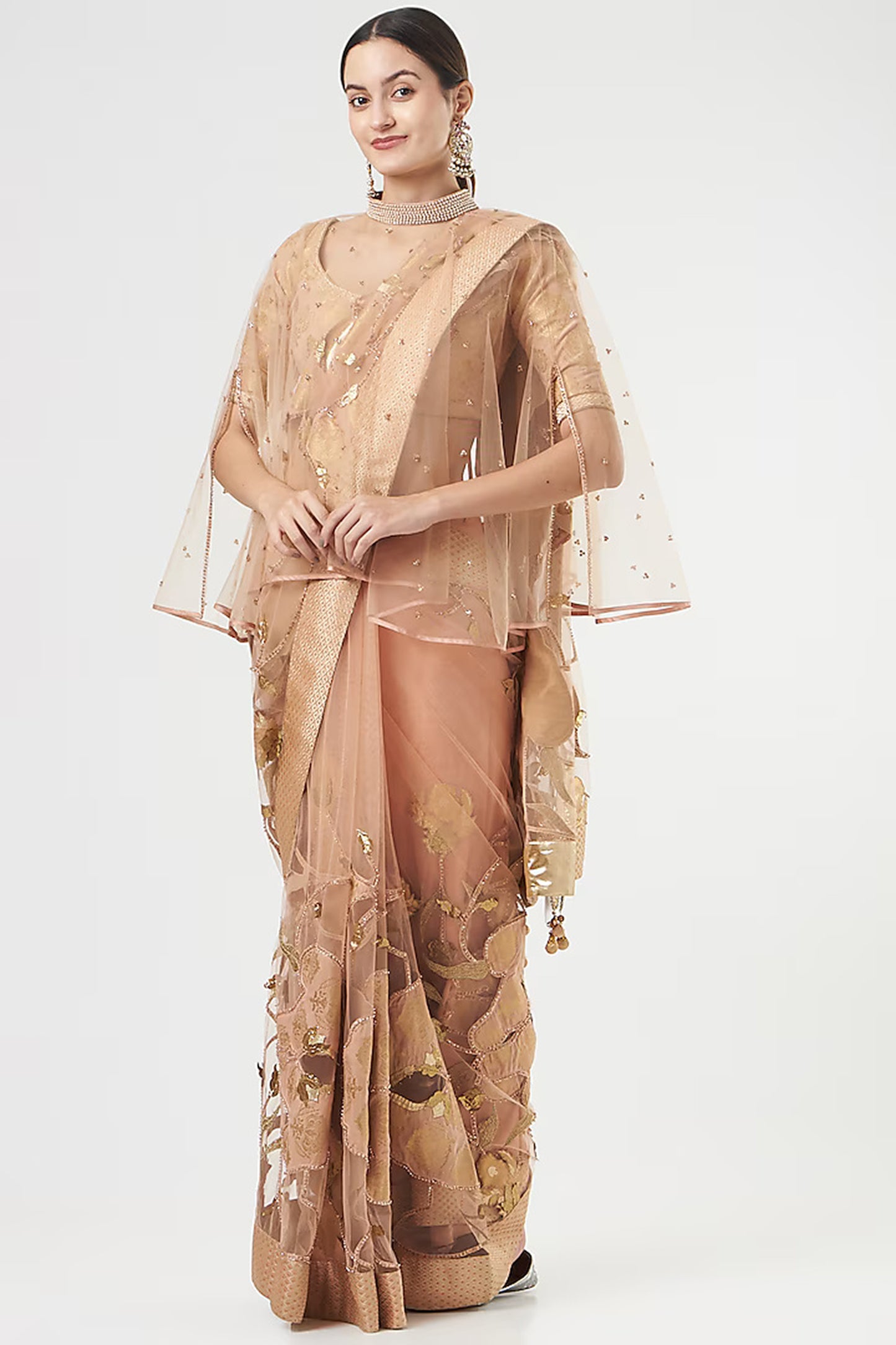 Peach French Net Limited Edition Designer Saree Set