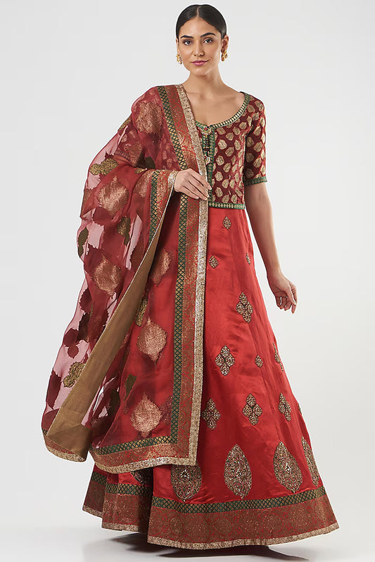 Red Pure Raw Silk Embroidered Limited Edition Designer Lehenga Set