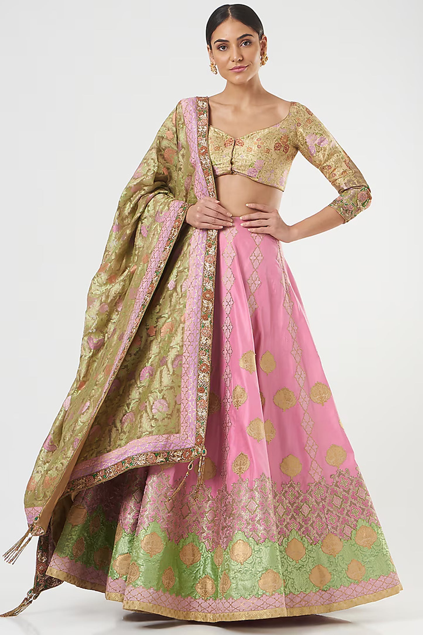 Pink Applique Embroidered Tanchoi Silk Limited Edition Designer Lehenga Set