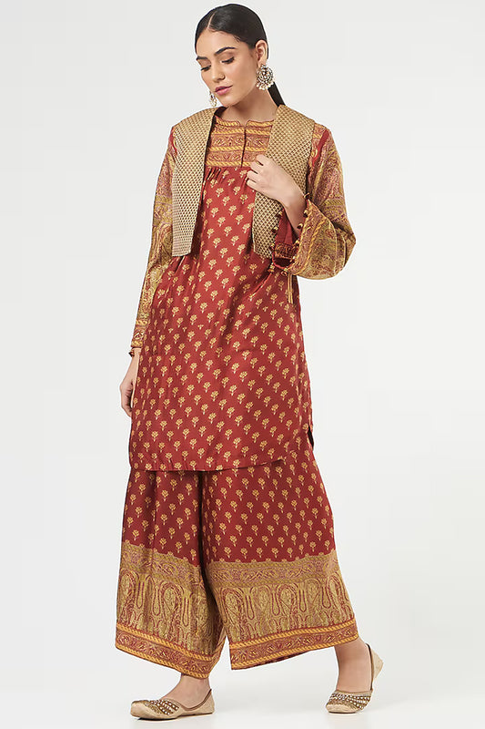 Reddish Maroon Pure Silk Kashmiri Printed Limited Edition Designer Tunic Set