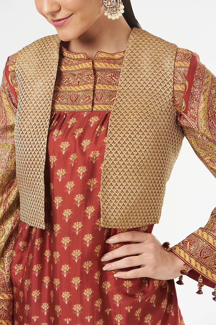 Reddish Maroon Pure Silk Kashmiri Printed Limited Edition Designer Tunic Set