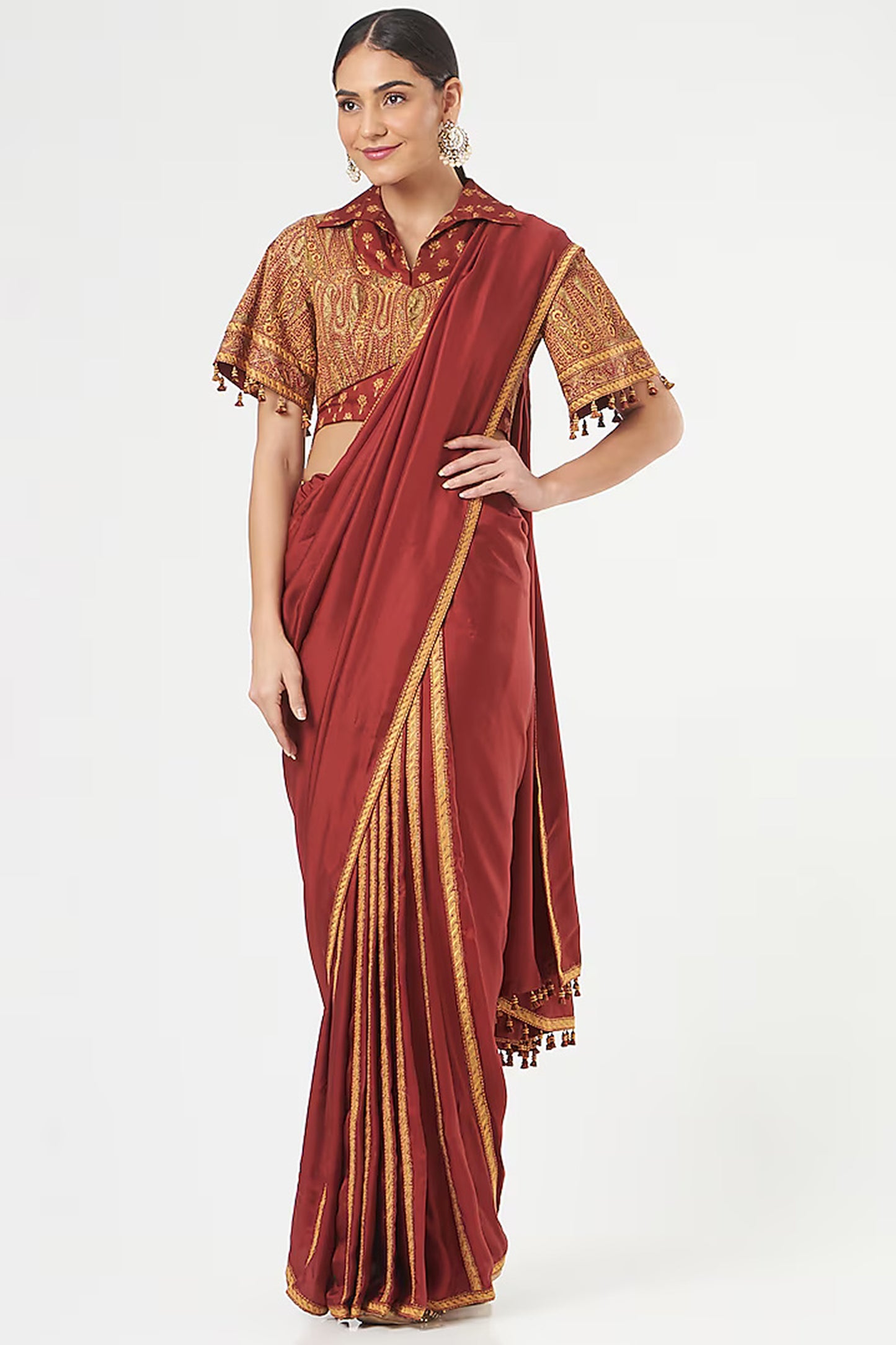 Maroon Pure Silk Embroidered Limited Edition Designer Saree Set