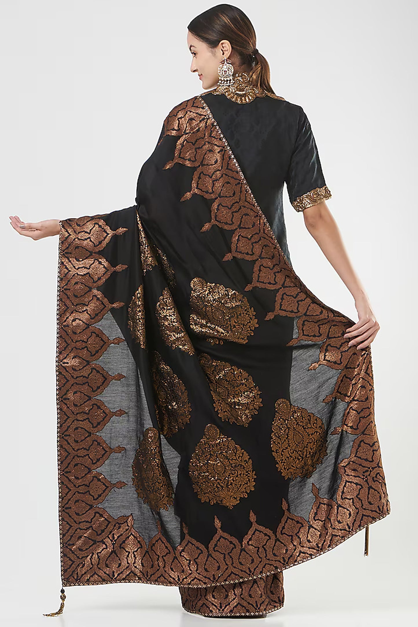 Black Applique Chanderi Silk Embroidered Limited Edition Designer Saree Set