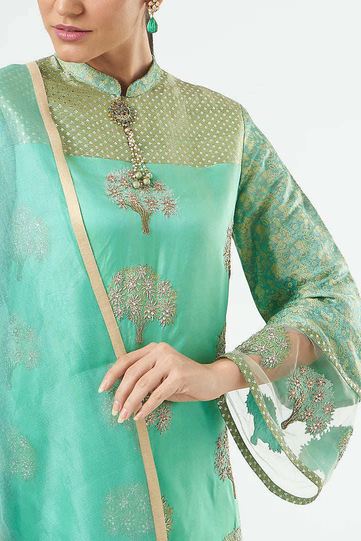 Green Pure Silk Zardosi Hand Embroidered Limited Edition Designer Kurta Set