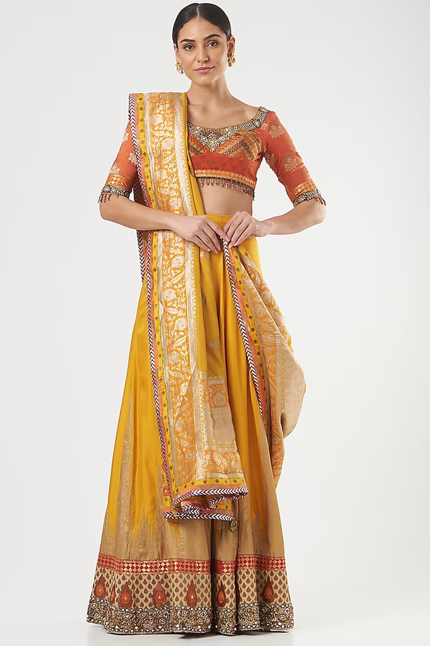 Mustard Hand Embroidered Pure Silk Lehenga Set