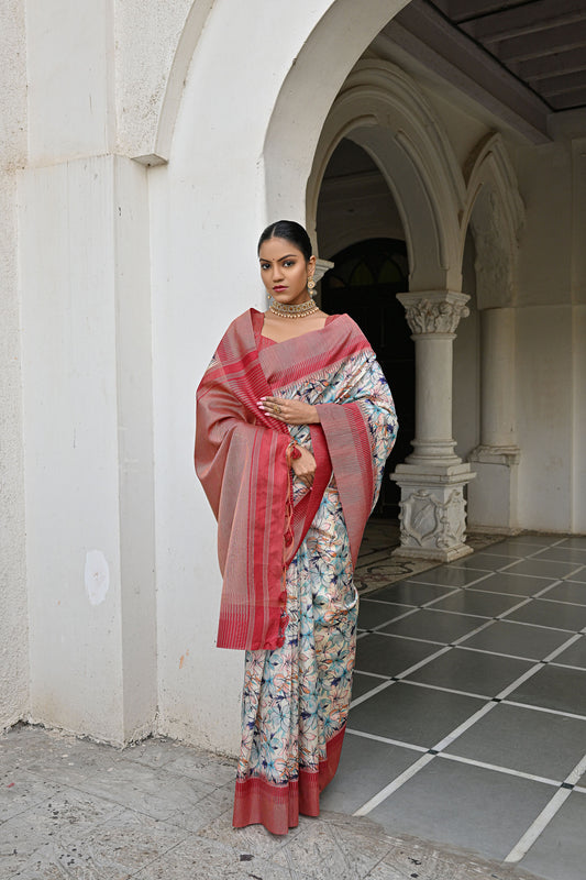 Aparna Pan Blue Banarasi Silk Floral printed zari woven border and pallu Saree