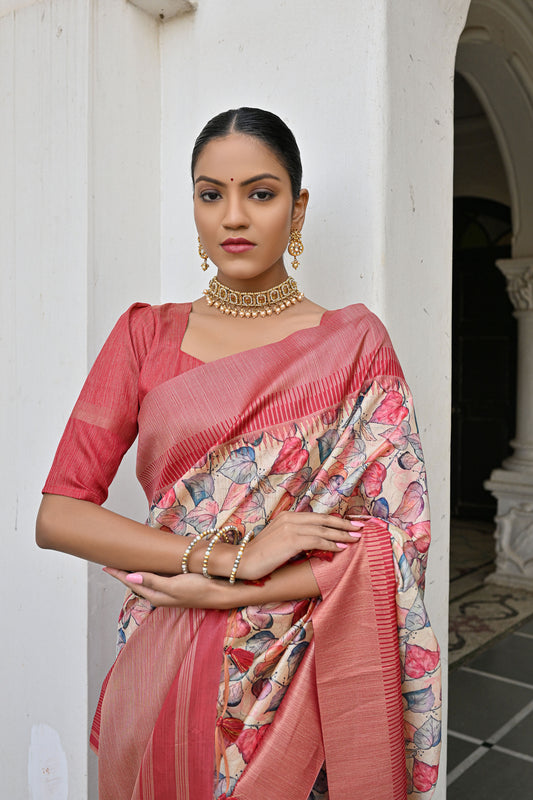 Aparna Pan Peach Banarasi Silk Floral printed zari woven border and pallu Saree