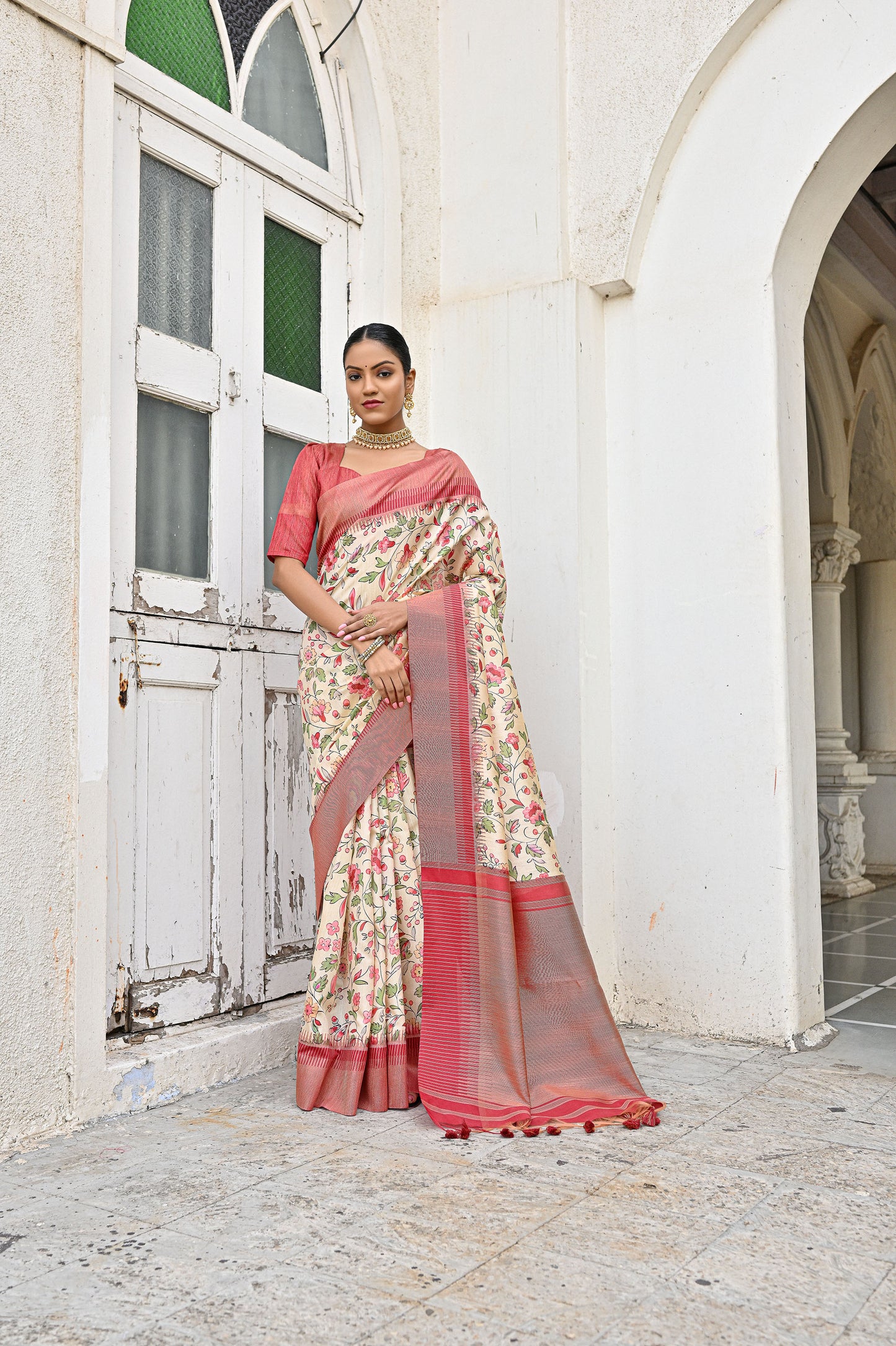 Aparna Pan Yellow Banarasi Silk Floral printed zari woven border and pallu Saree