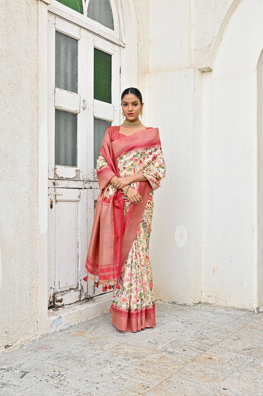 Aparna Pan Yellow Banarasi Silk Floral printed zari woven border and pallu Saree