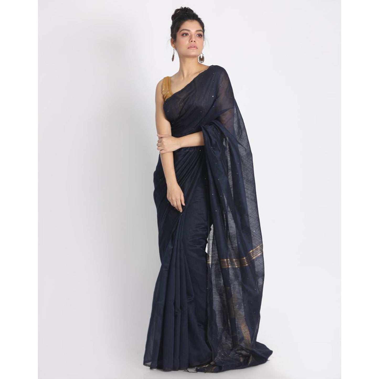 Navy Blue Sequence Handloom Blended Cotton Saree