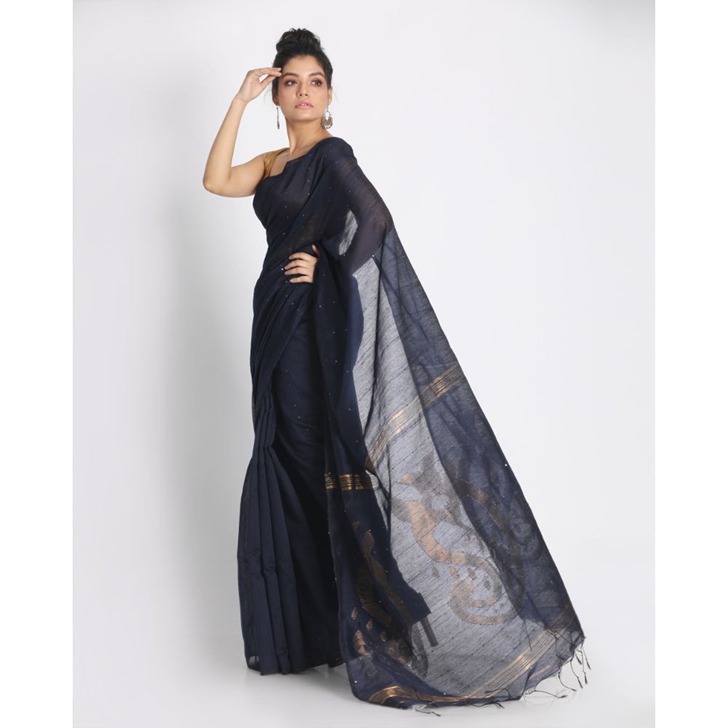 Navy Blue Sequence Handloom Blended Cotton Saree