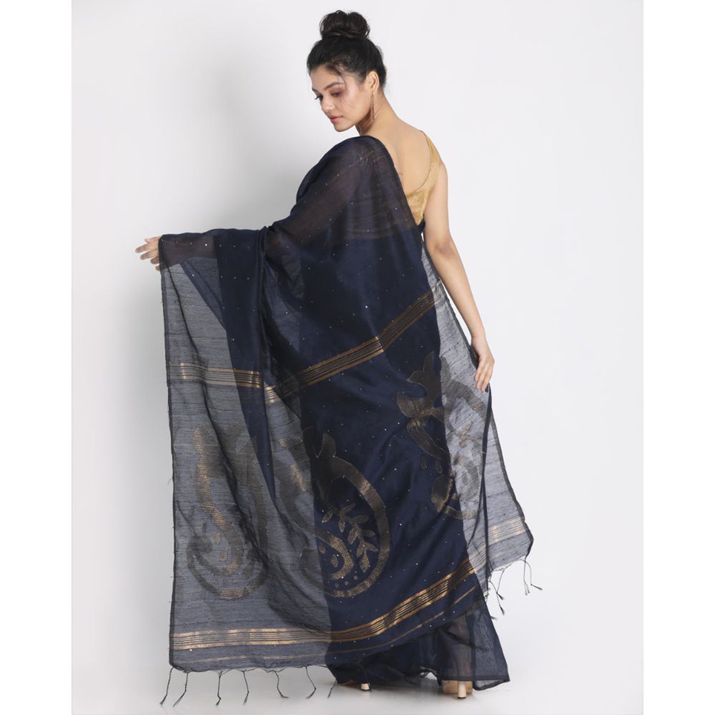 Navy Blue Sequence Handloom Blended Cotton Saree