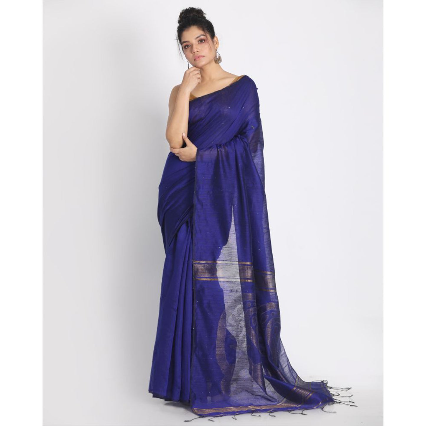 Blue Sequins Handloom Cotton Blend Saree