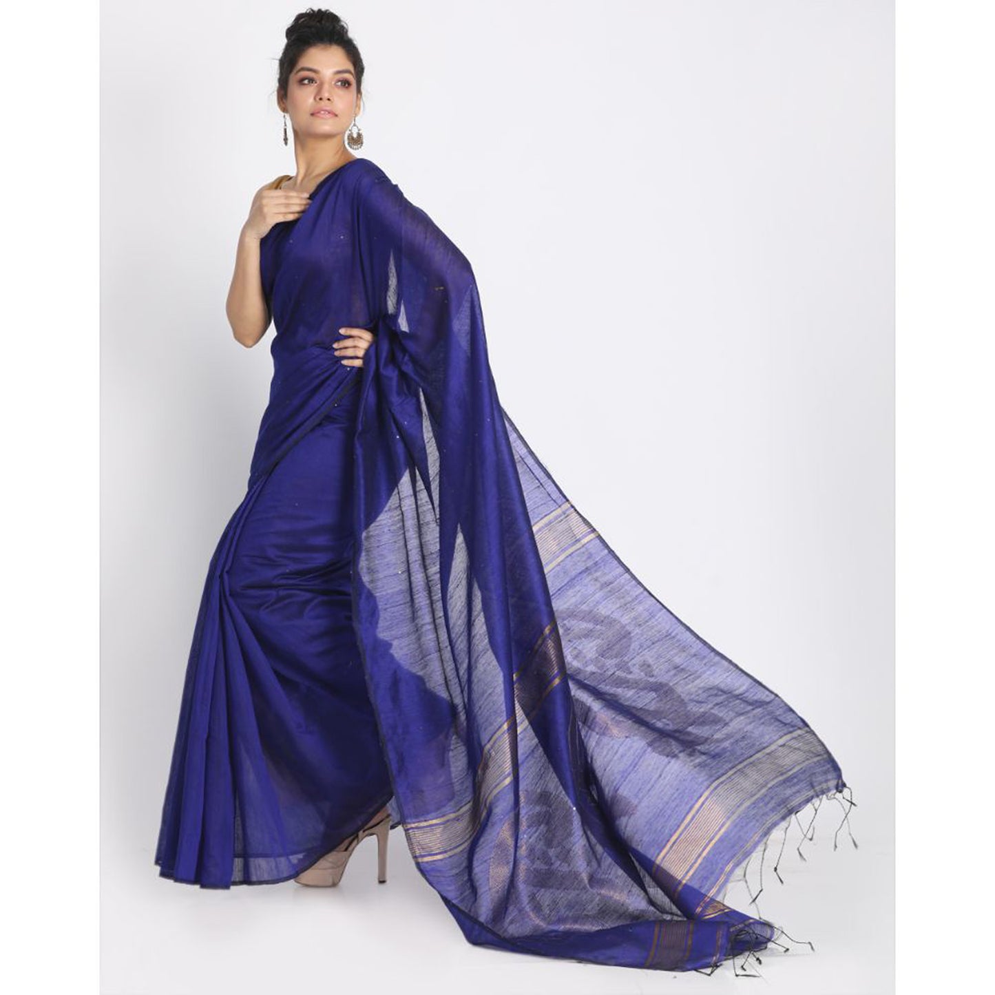 Blue Sequins Handloom Cotton Blend Saree