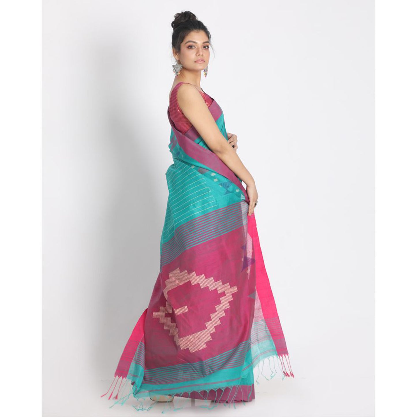 Teal Handloom Blended Cotton Saree