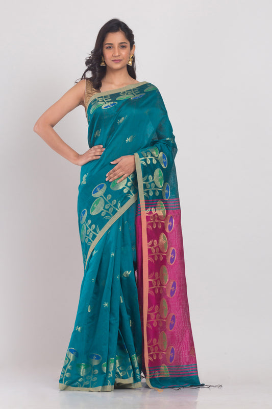 Teal Blended Cotton Handloom Saree