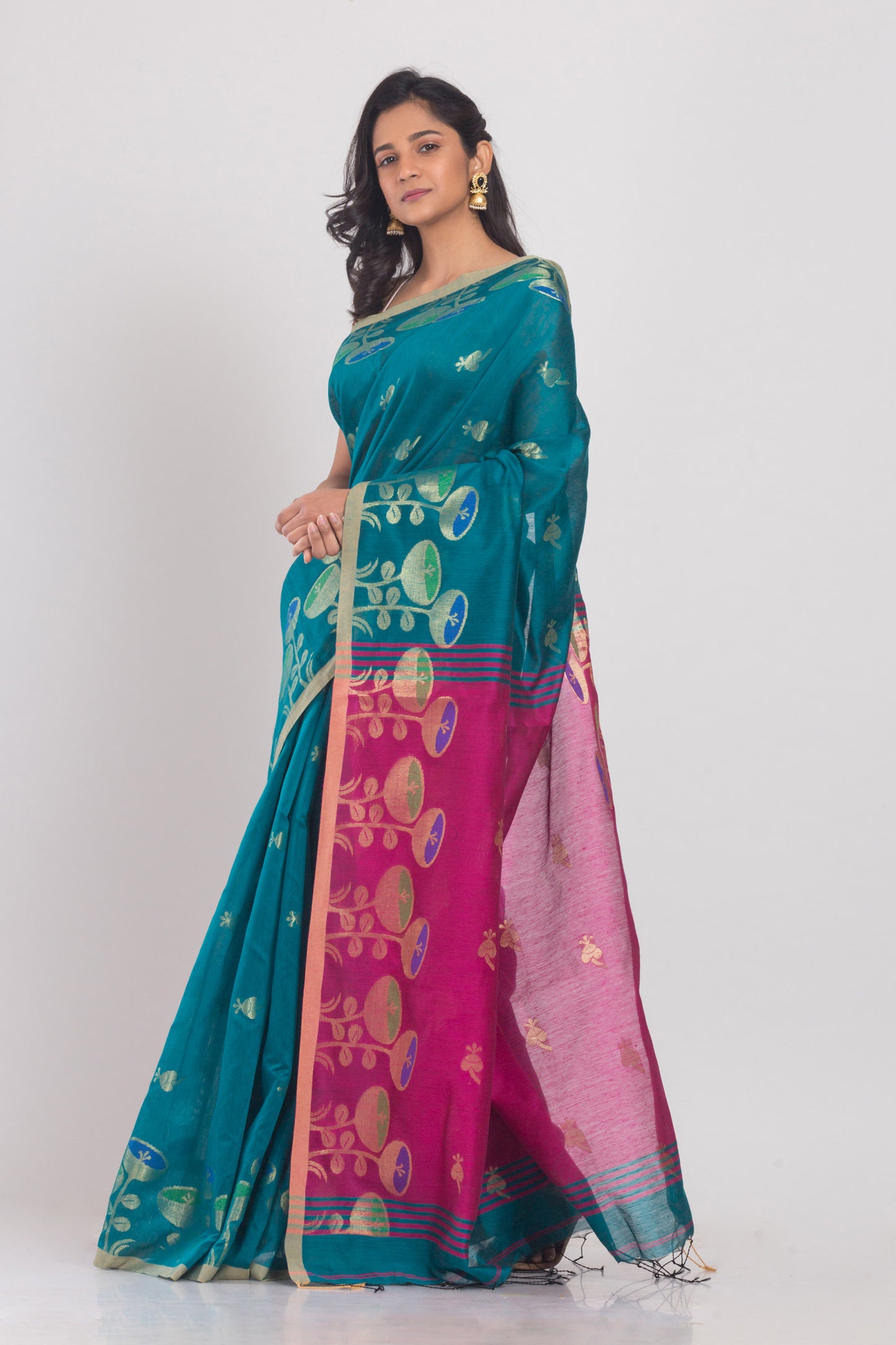 Teal Blended Cotton Handloom Saree