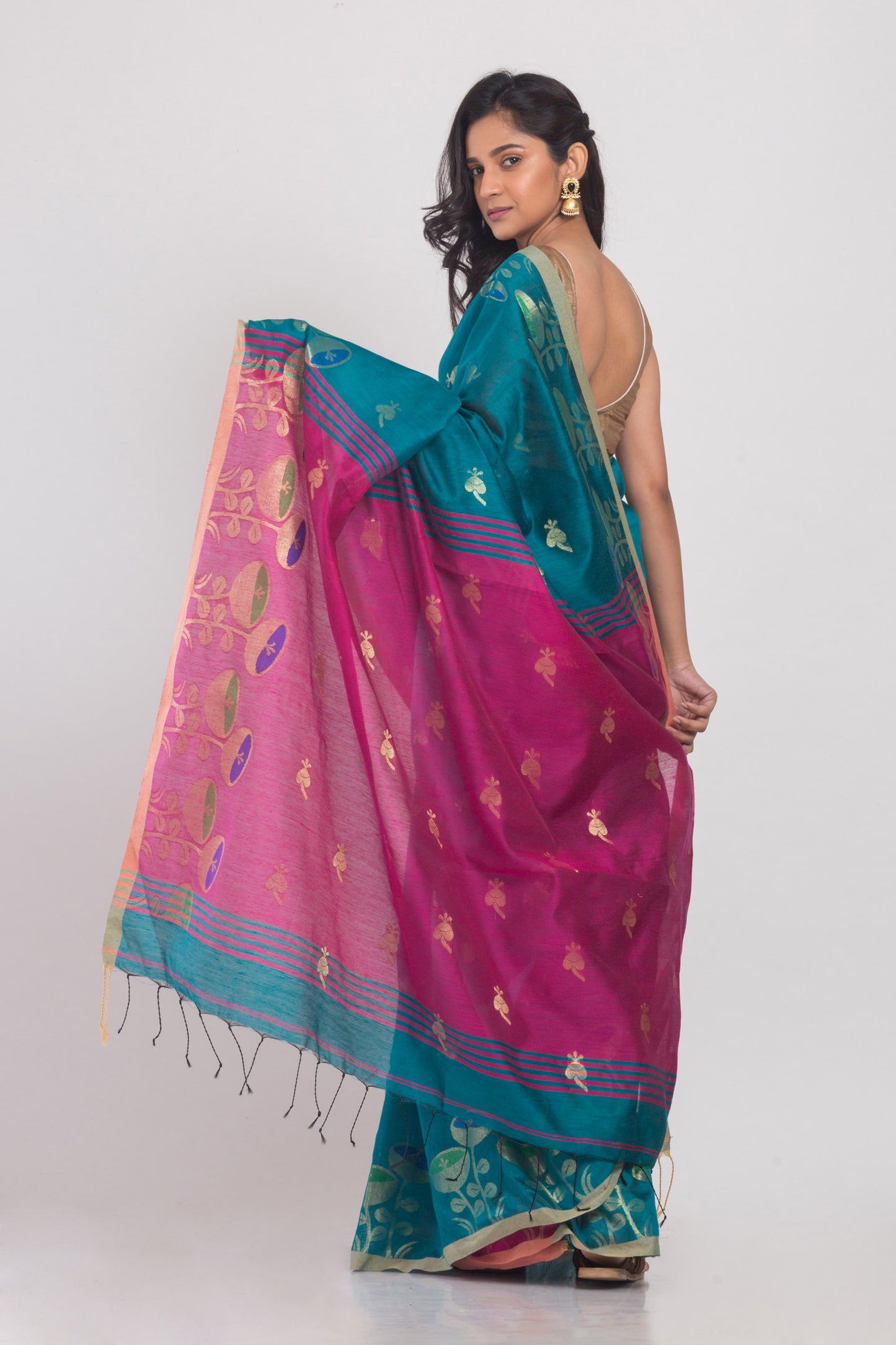 Teal Blended Cotton Handloom Saree