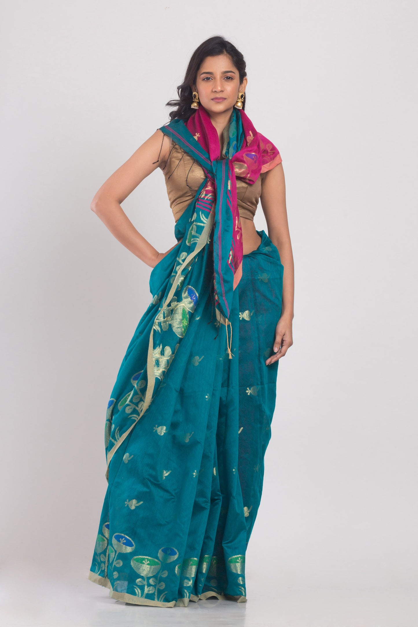 Teal Blended Cotton Handloom Saree